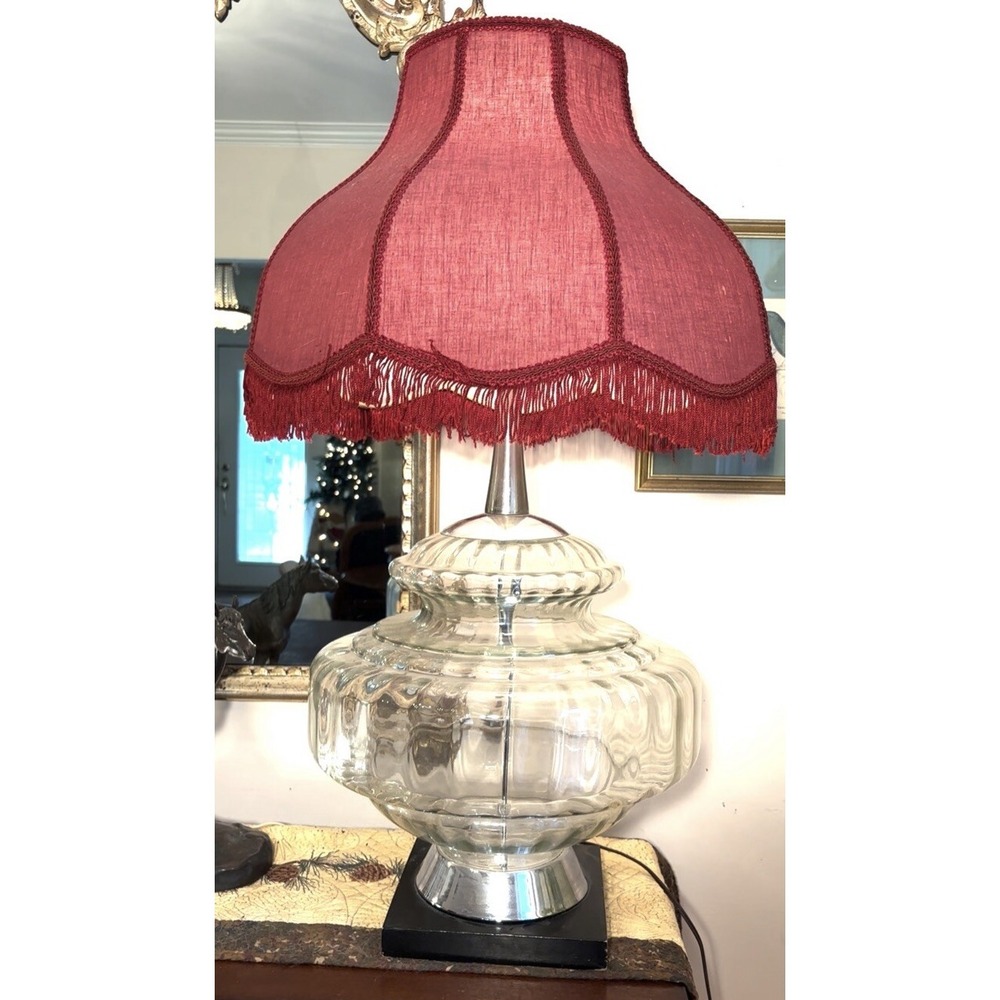 Xxl  Vintage  Mid-Century  Large Clear  Glass Table Lamp Chrome Base